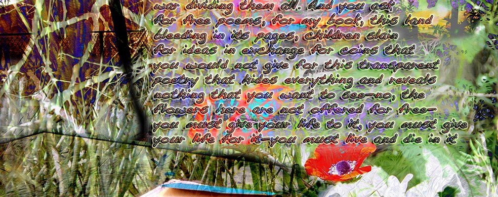 Text and Digital Image ©2015 Michael Dickel; a journal sits beneath a book of poems, the glass table top transparent as words are not—beyond, a desert, mountains, war dividing them all. And you ask for free poems, for my book, this land bleeding in its pages, children slain for ideas in exchange for coins that you would not give for this transparent poetry that hides everything and reveals nothing that you want to see—no, the flowers here are not offered for free— you must give your life to it, you must give your life for it—you must live and die in it