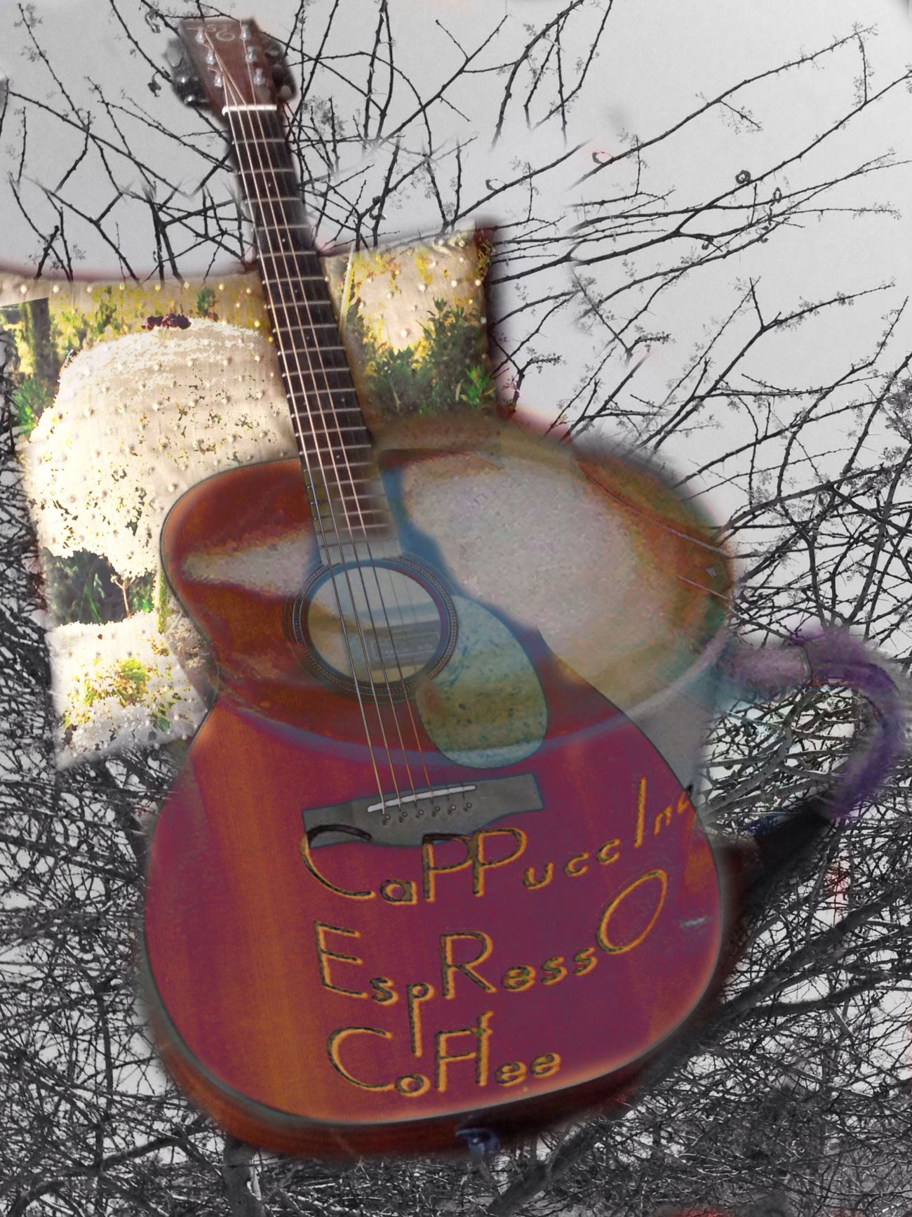 Guitar and Coffee Cup digital art from photographs (c)2015 Michael Dickel