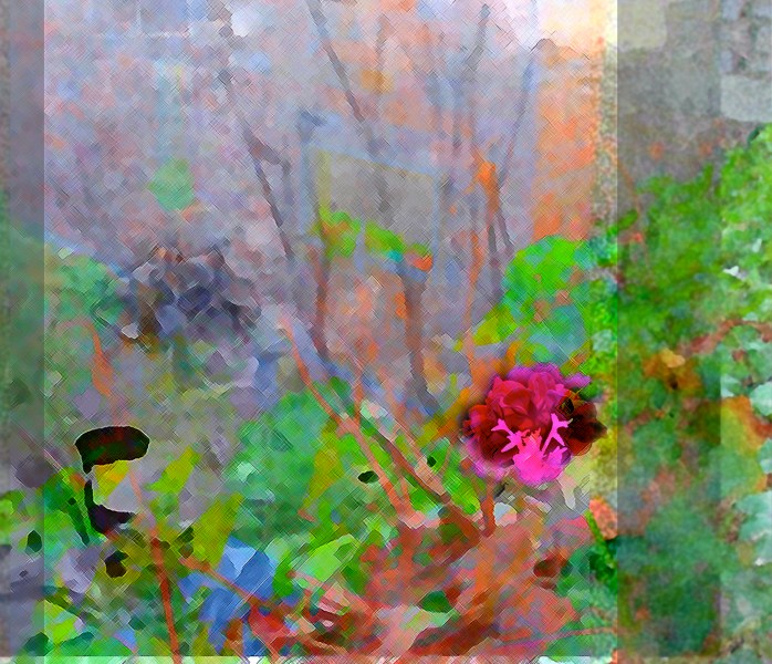 Water-color like image of a pink flower, green leaves, leafless tree trunks in grays in the background