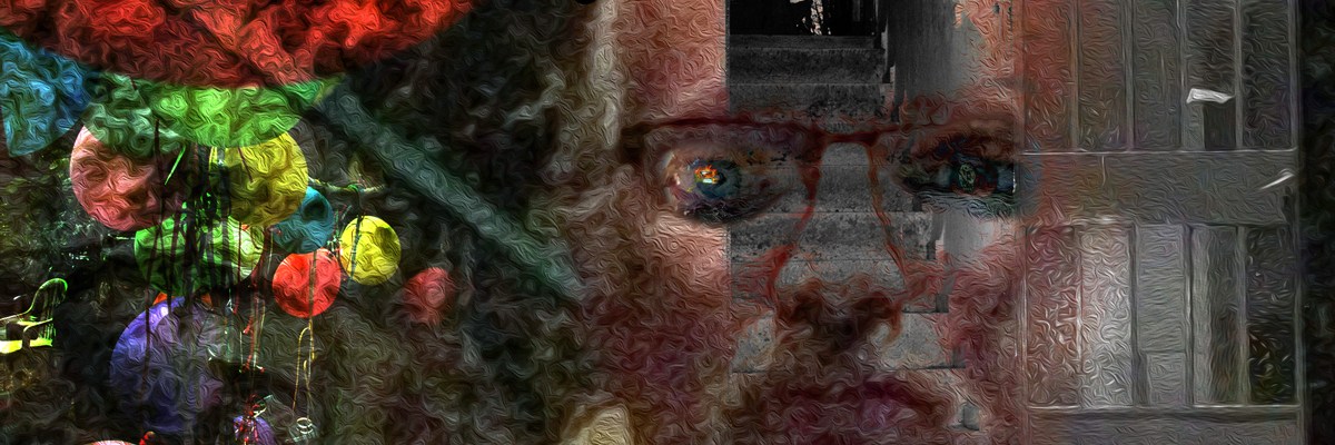 But alive, poem by Michael Dickel, self-portrait age 61, digital art from photographs