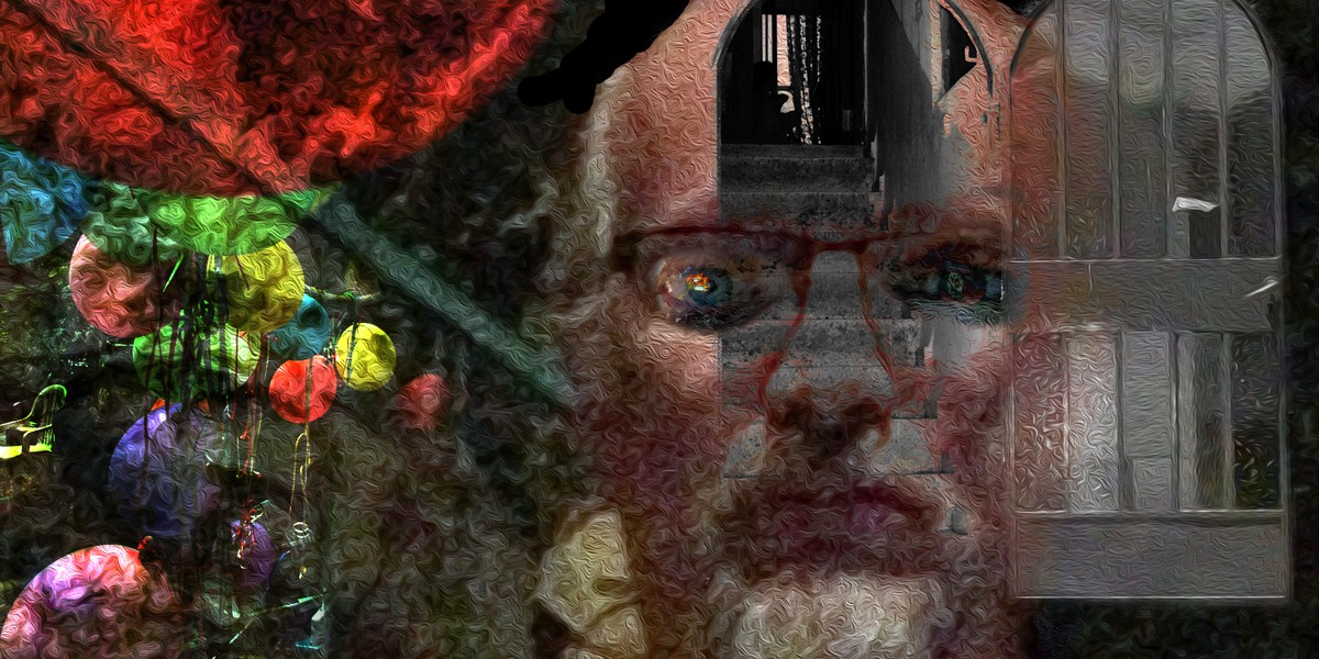 But alive, poem by Michael Dickel, self-portrait age 61, digital art from photographs