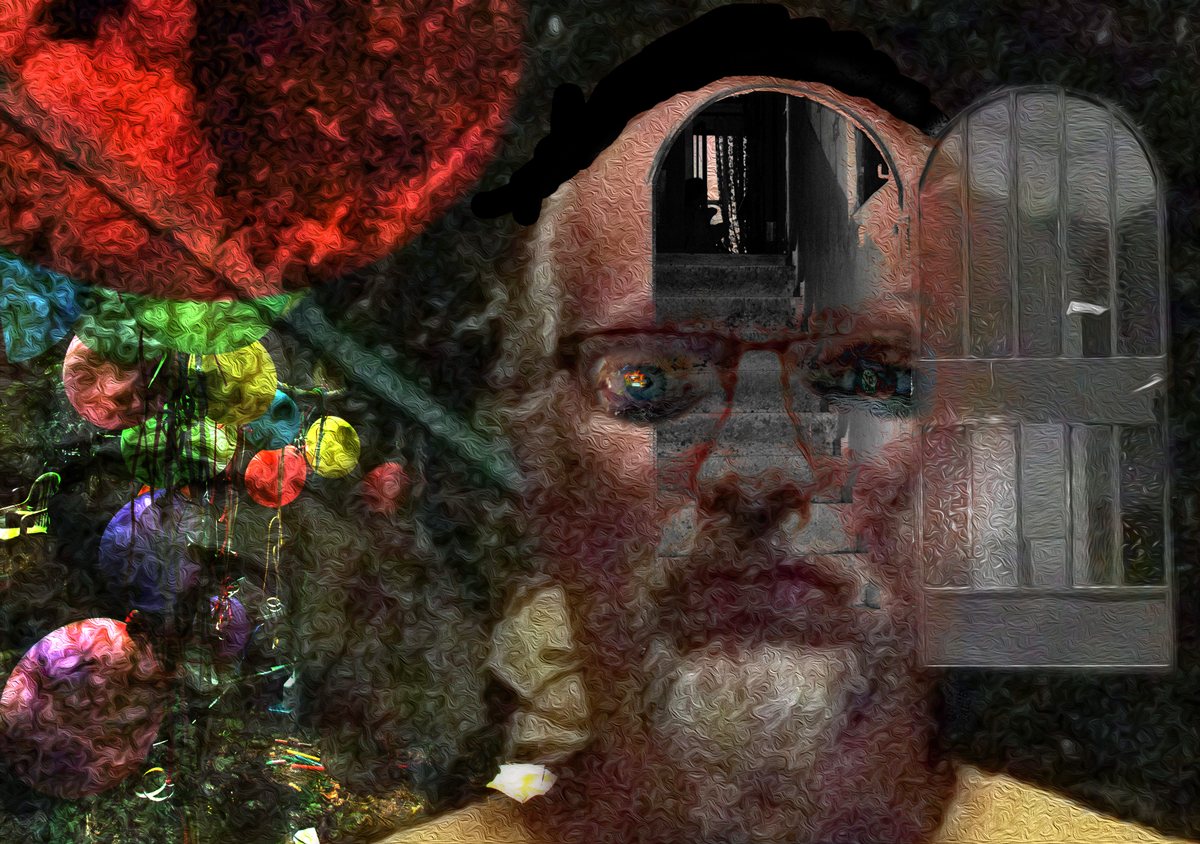 But alive, poem by Michael Dickel, self-portrait age 61, digital art from photographs