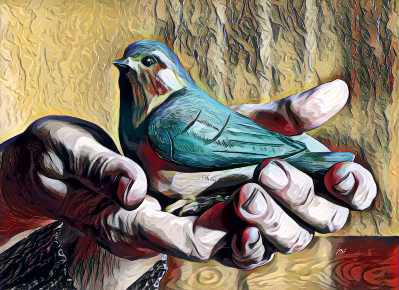 Digital painting of two hands holding a bluebird, tan background with some shadows.